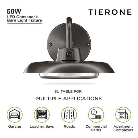 TierONE 10-inch gooseneck barn light wall-mount shows versatile outdoor mounting option.