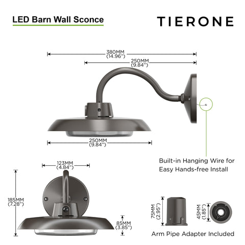 TierONE die-cast aluminum IP65 barn light withstands rain and dust for reliable outdoor use.