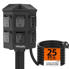 TiFFCOFiO outdoor power strip with 25ft weatherproof cord powers holiday lights safely.