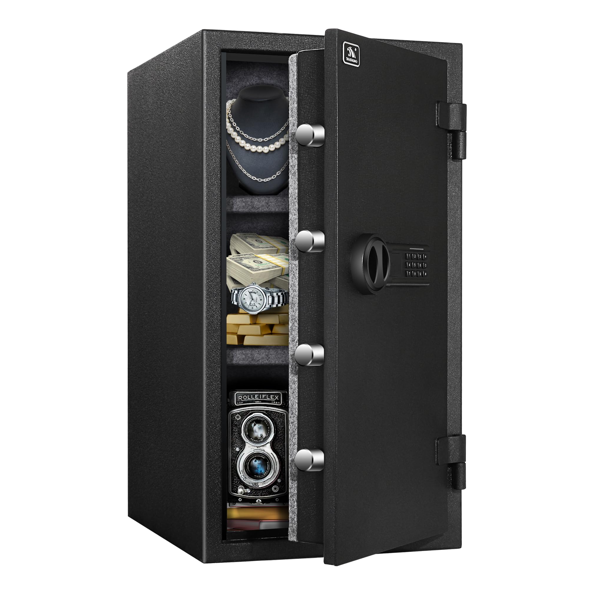 TigerKing fireproof safe front view with sturdy steel construction and secure digital lock.