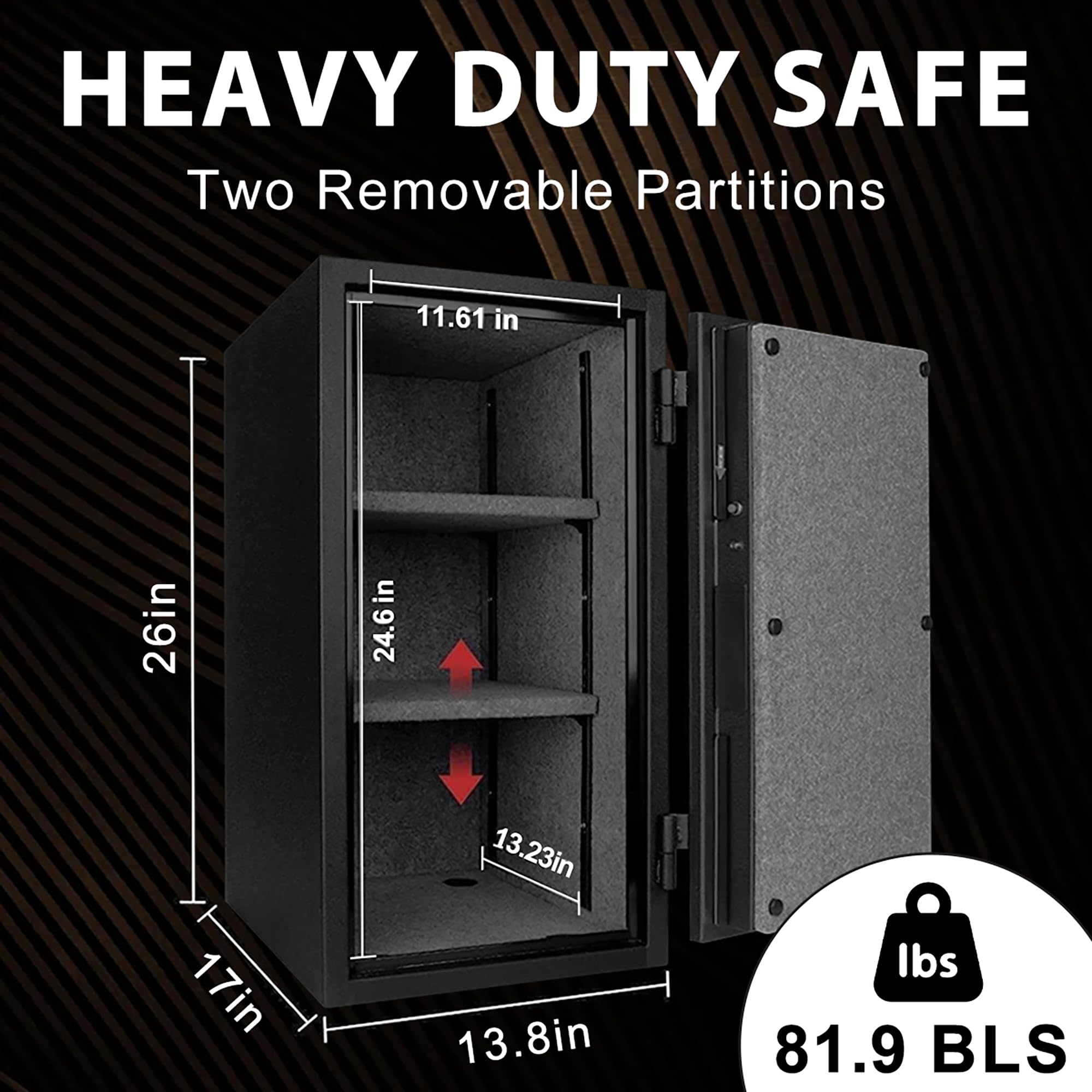 TigerKing fireproof safe open door reveals adjustable dividers for organized storage.