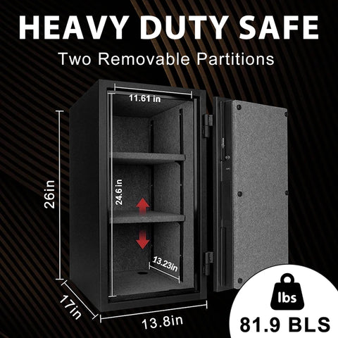 TigerKing fireproof safe open door reveals adjustable dividers for organized storage.