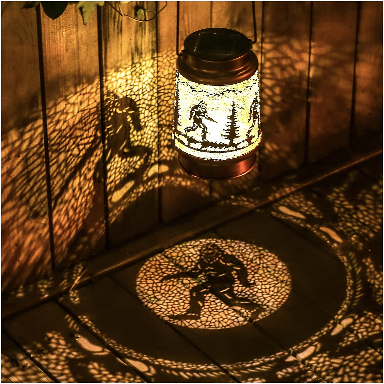 TIGGSY Bigfoot solar lantern hanging for welcoming outdoor ambience.