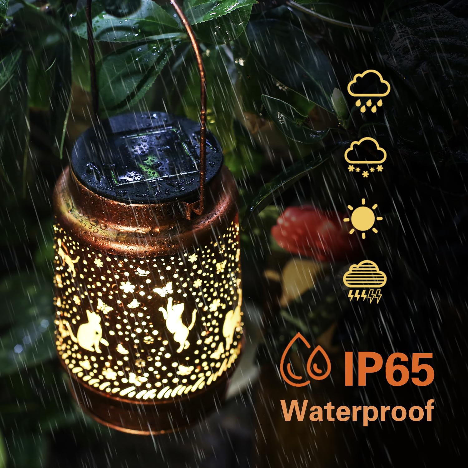 TIGGSY cat solar lantern charges in daylight and glows at dusk.