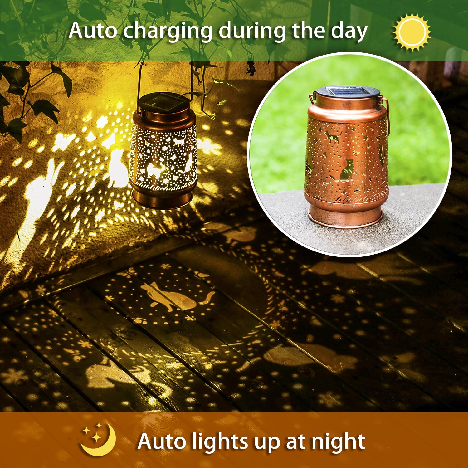 TIGGSY cat solar lantern hanging installation shows easy outdoor setup.