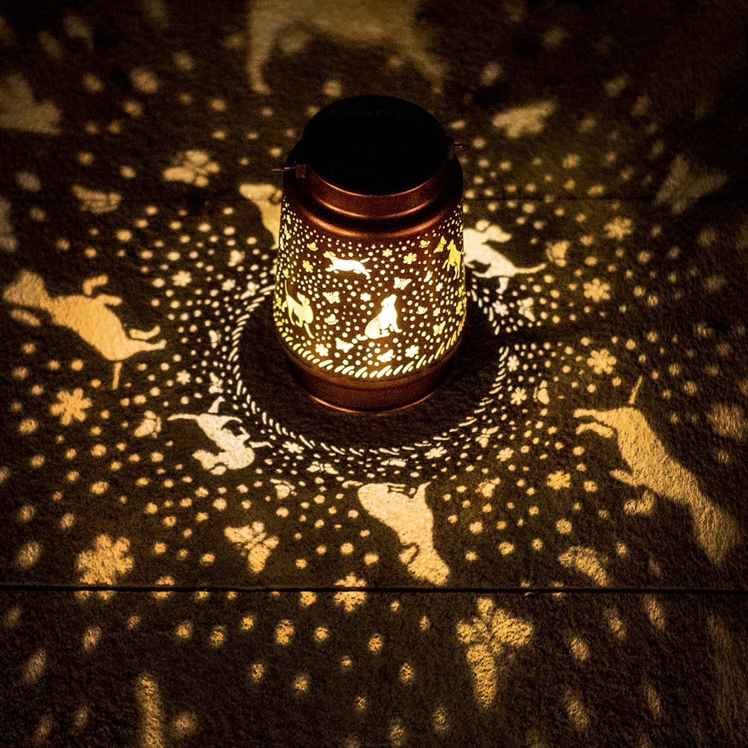 TIGGSY dog solar lantern with engraved patterns creates decorative ambient lighting