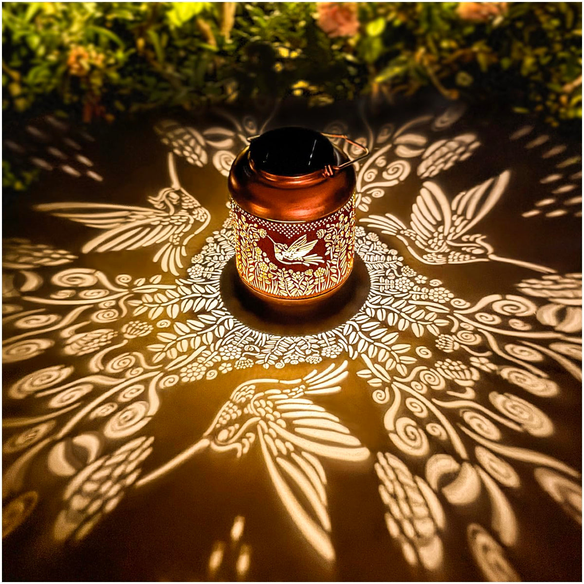 TIGGSY hummingbird solar lantern garden displays warm ambient light for evenings outdoors