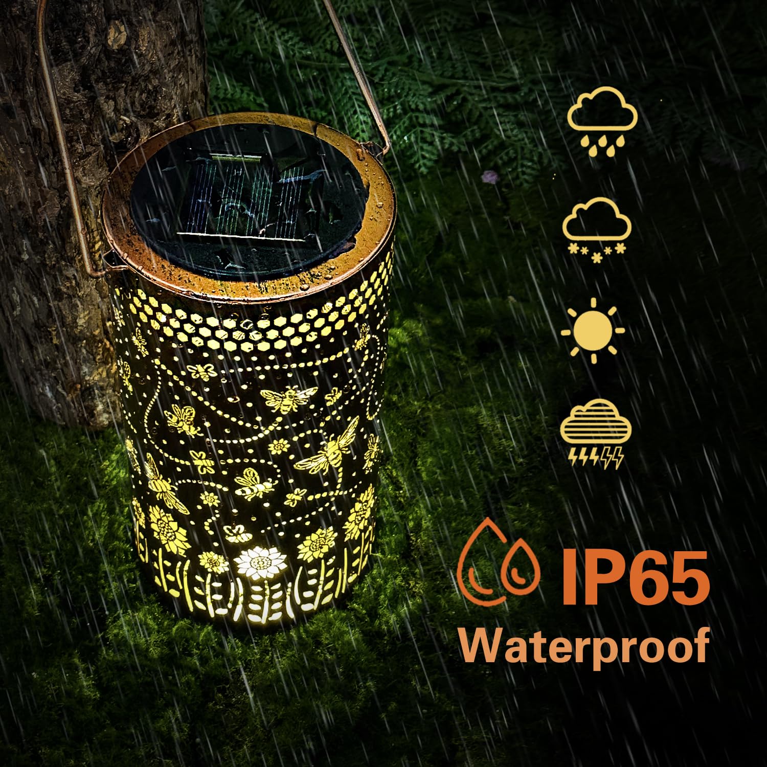 TIGGSY tabletop bee lantern brings warm glow to outdoor tabletops.