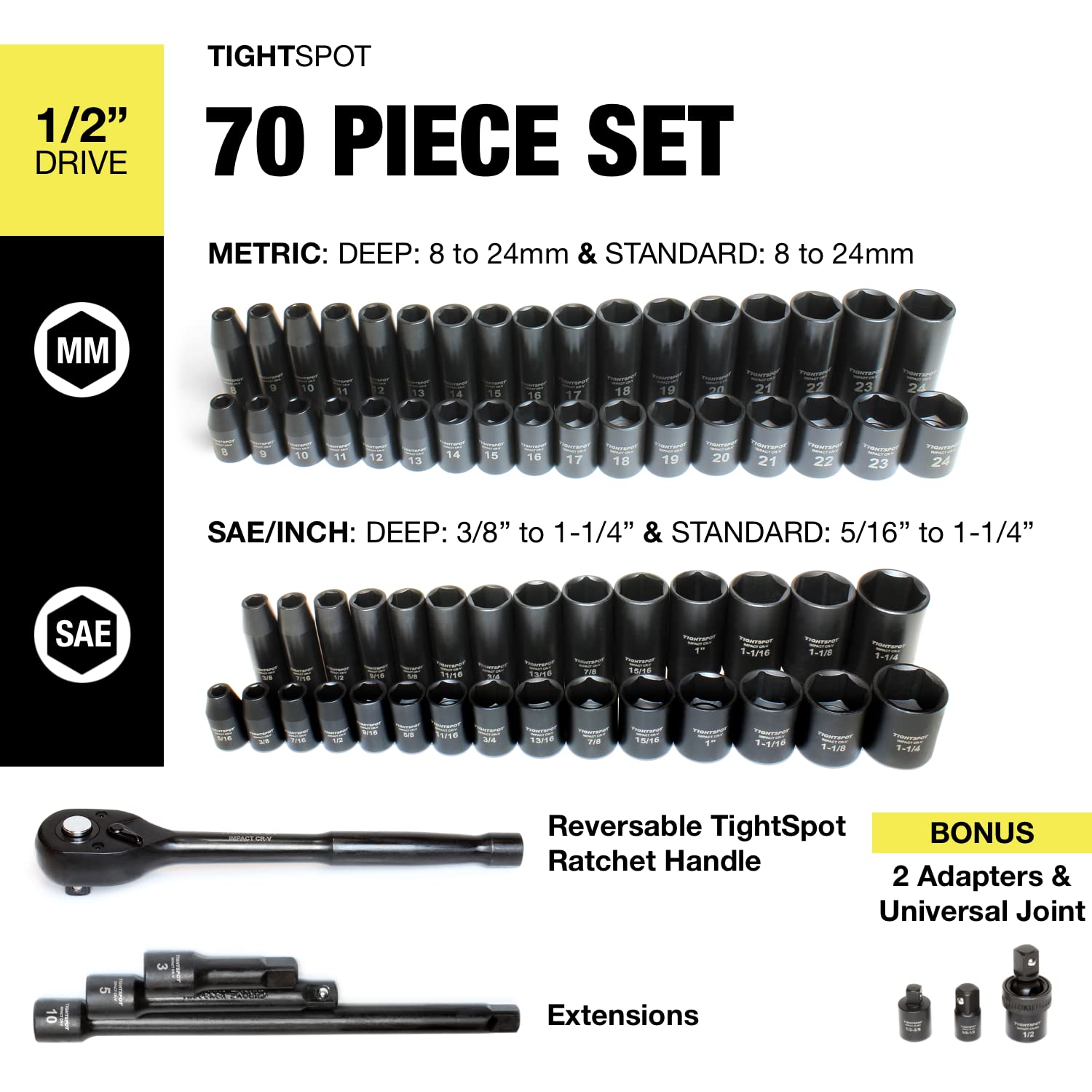 TIGHTSPOT SAE deep sockets reach recessed fasteners with ease.