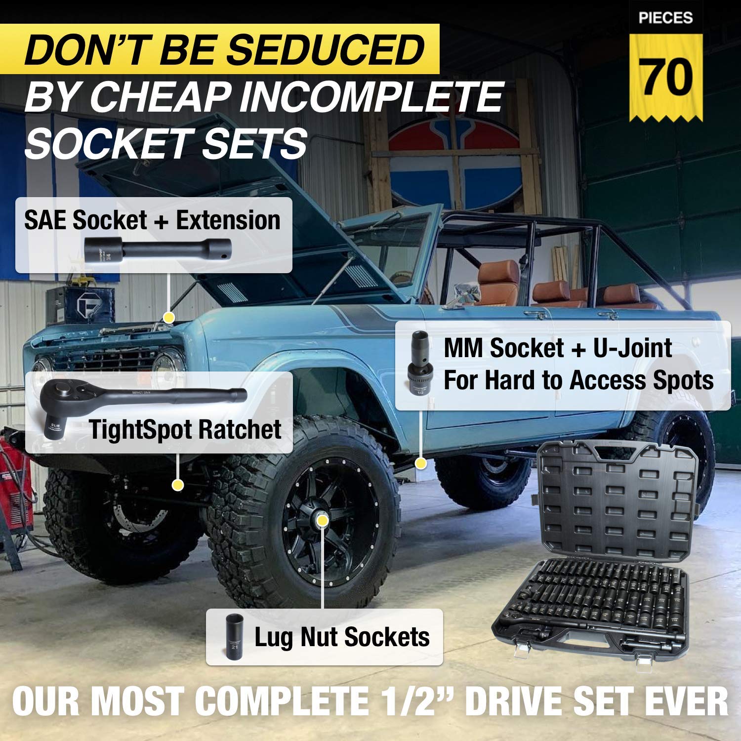 TIGHTSPOT SAE standard sockets range from 5/16 inch to 1-1/4 inch.
