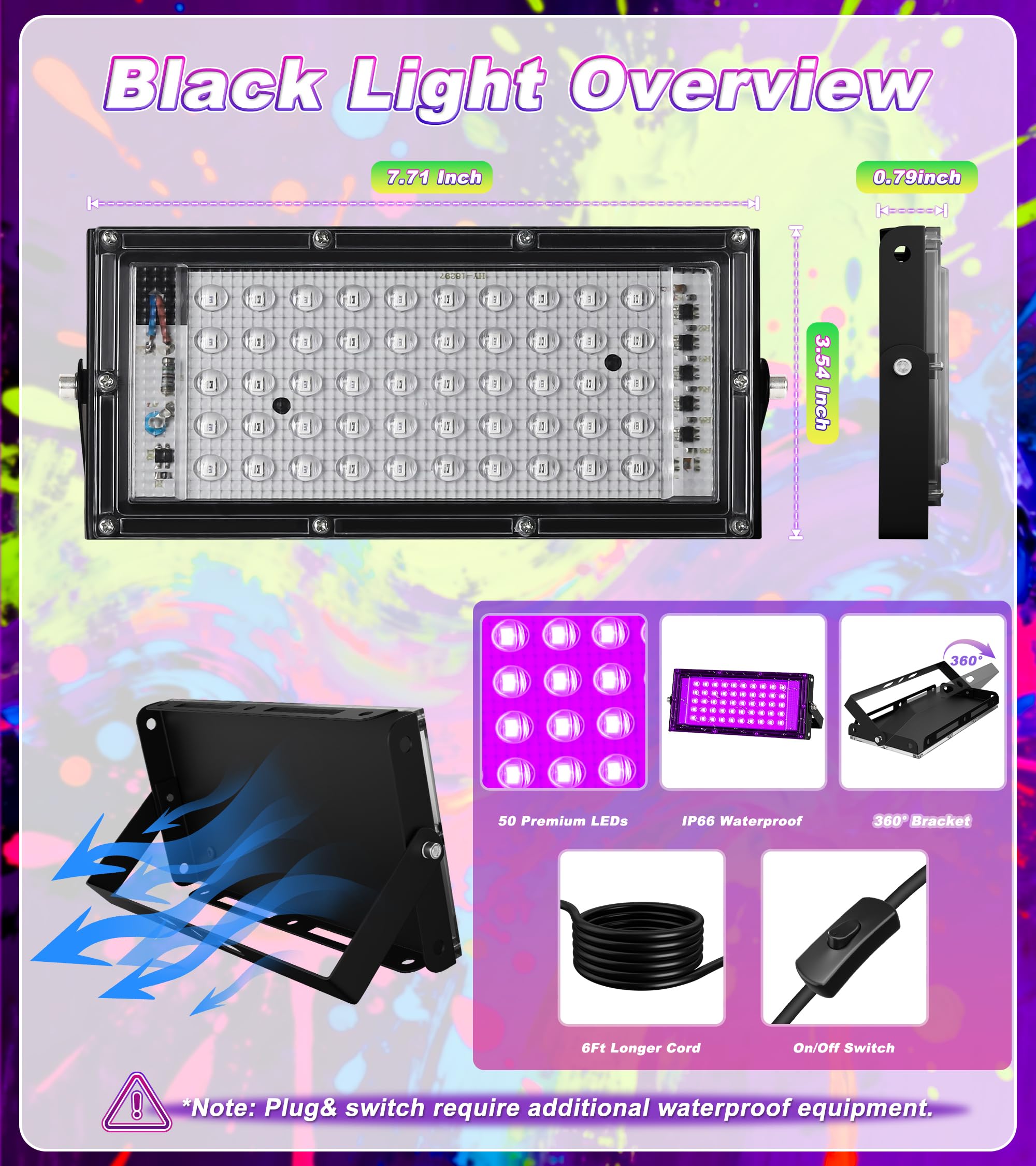 TigQiang 385-400nm wavelength suits fluorescent paints, posters, and body art.