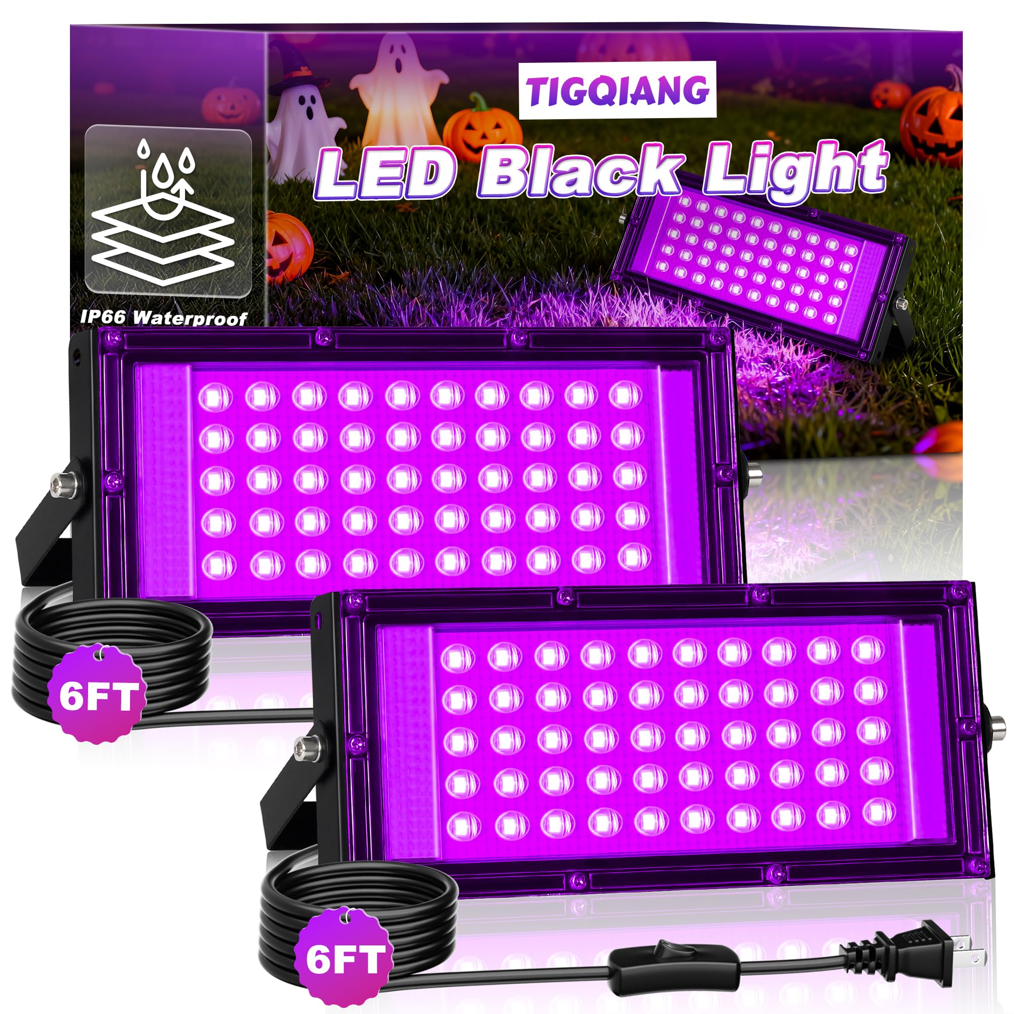 TigQiang 50W black light floodlight with 120-degree beam for vivid neon effects.