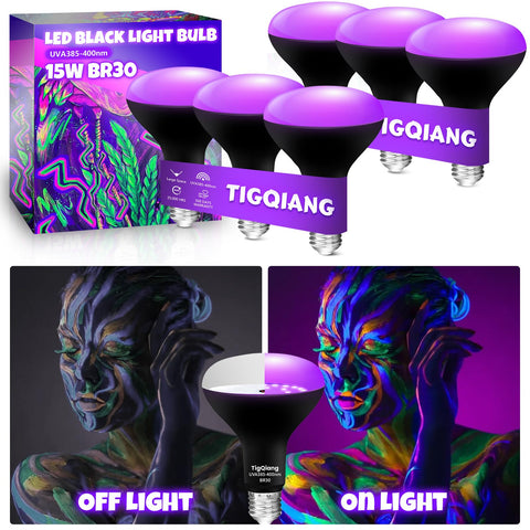 TigQiang BR30 blacklight bulbs glow evenly in living spaces for immersive effects.
