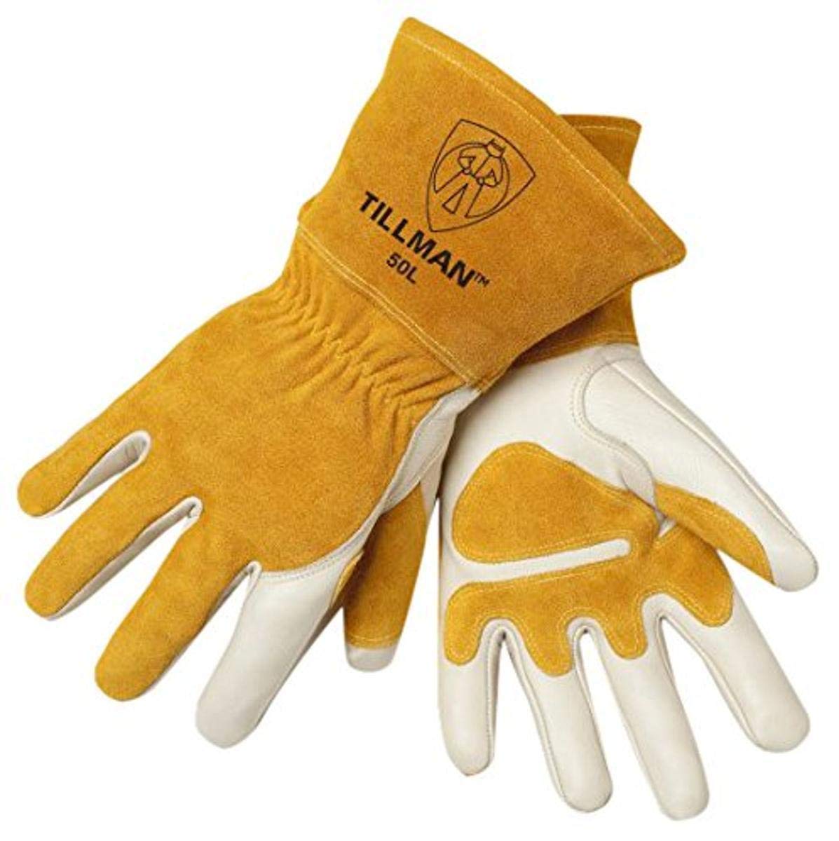 Tillman MIG welders gloves in gold and pearl, 14-inch length, fleece-lined for warmth and comfort