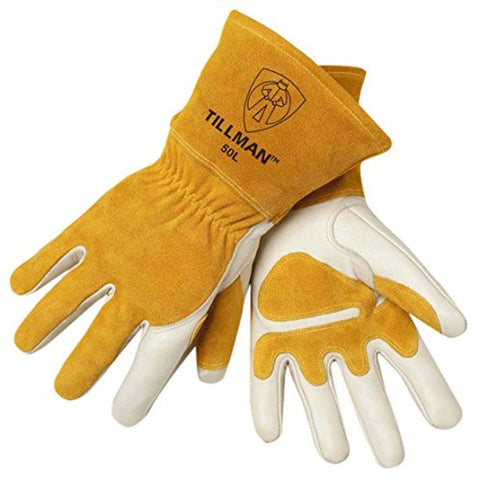 Tillman MIG welders gloves in gold and pearl, 14-inch length, fleece-lined for warmth and comfort