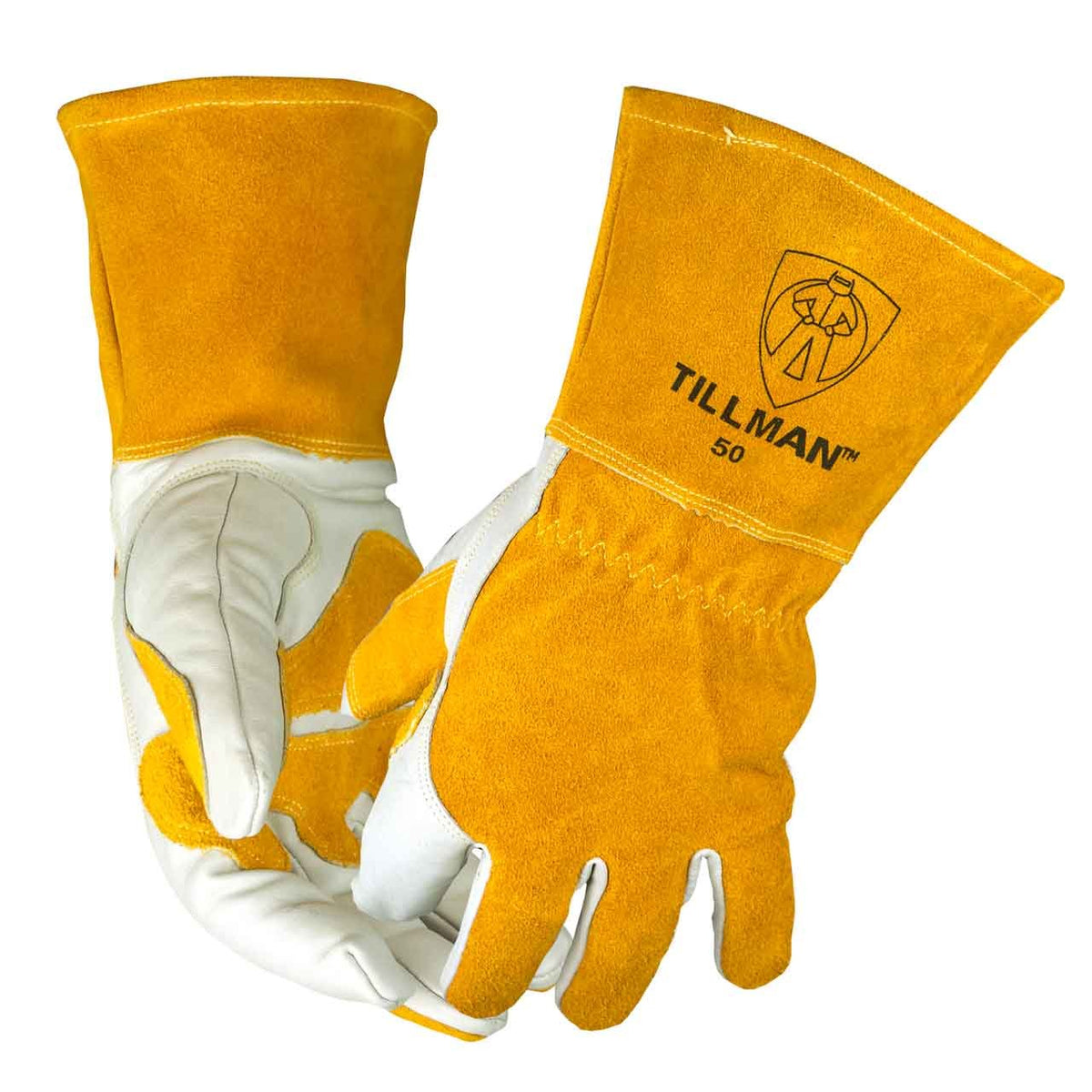 Tillman MIG XL14 glove palm reinforcement improves grip during welding tasks.