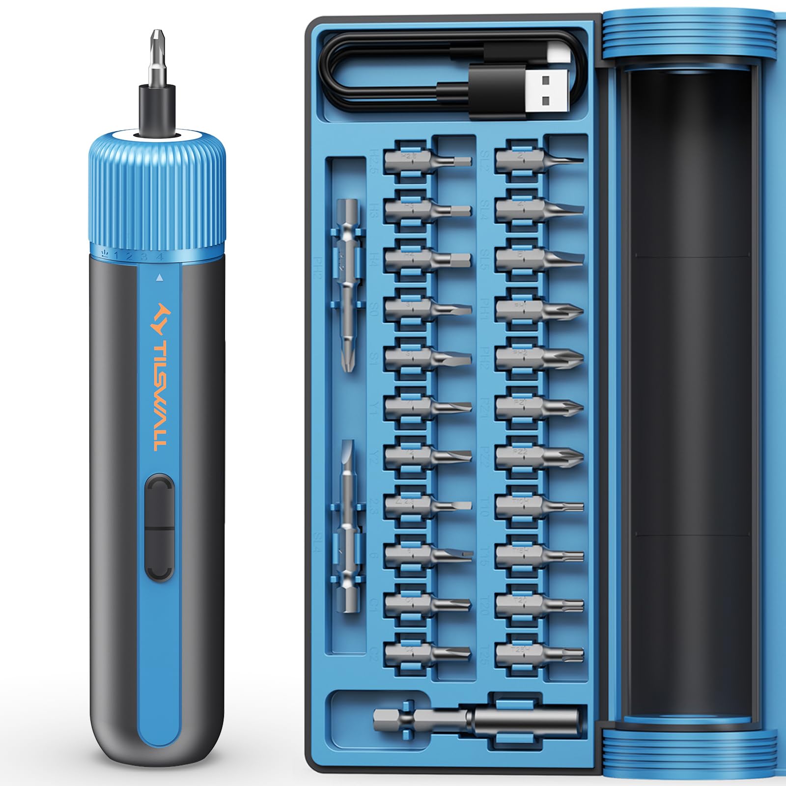 TILSWALL 4V electric screwdriver blue battery highlights long-lasting power for daily tasks.