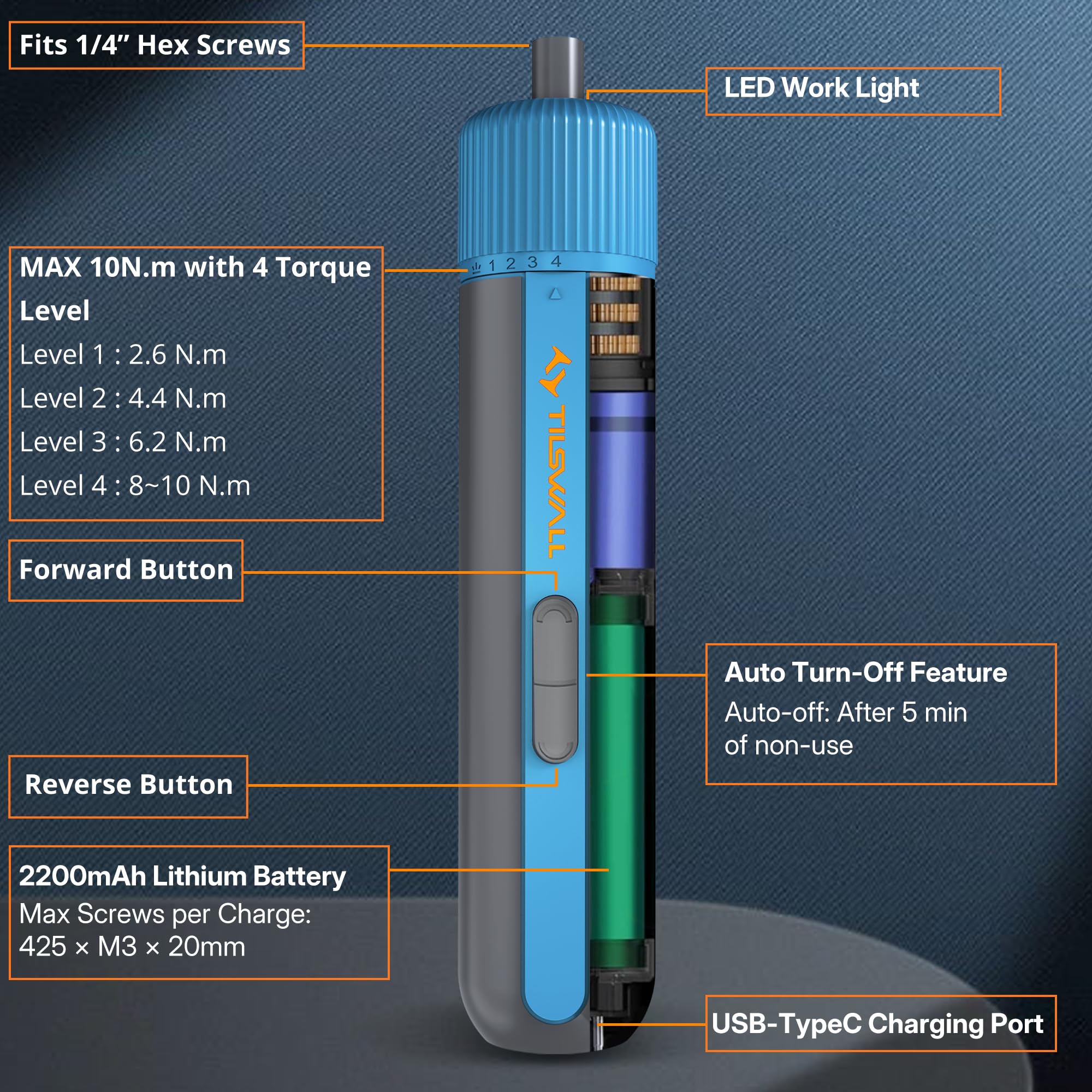TILSWALL forward/reverse control makes screw driving simpler.