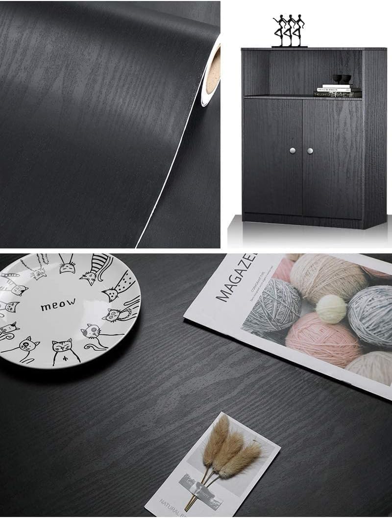 Tiltil Black Wood wallpaper on a countertop demonstrates durable, water-resistant surface.