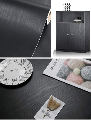 Tiltil Black Wood wallpaper on a countertop demonstrates durable, water-resistant surface.