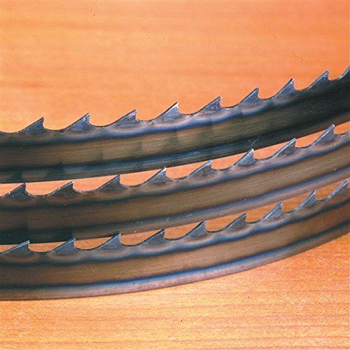 Timber Wolf bandsaw blade close-up shows 6.5-degree rake for efficient, cooler cutting.