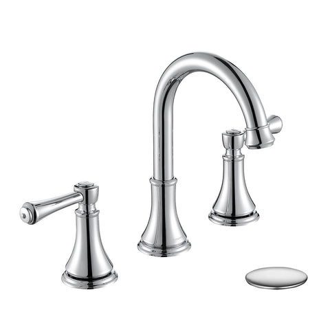 TimeArrow chrome two-handle 8-inch faucet with widespread design for precise temperature control.