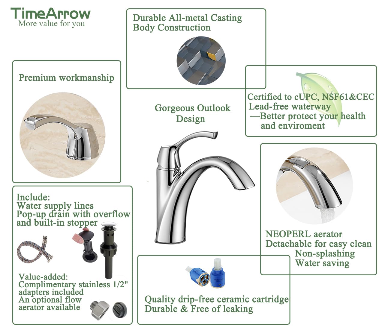 TimeArrow TAF206-CP chrome faucet braided hoses included for easy installation.