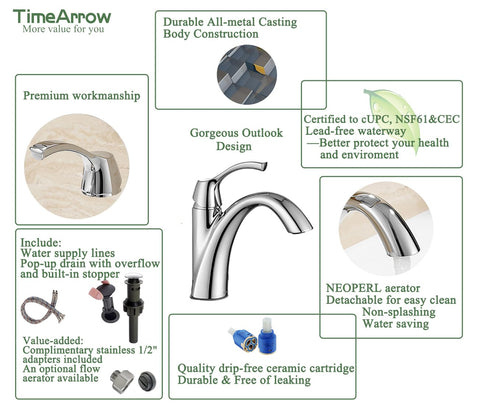 TimeArrow TAF206-CP chrome faucet braided hoses included for easy installation.