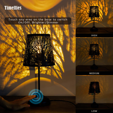Timeflies black metal tree-shadow lamp creates wall silhouettes for cozy ambiance.