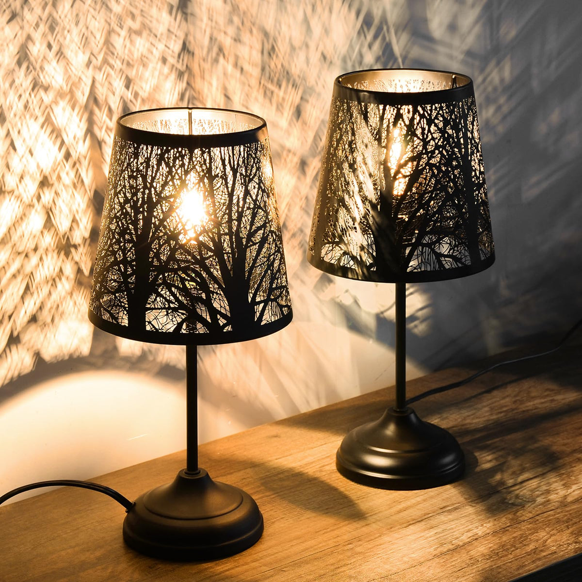 Timeflies dimmable tree lamp shadow creates calming forest silhouettes for living rooms.