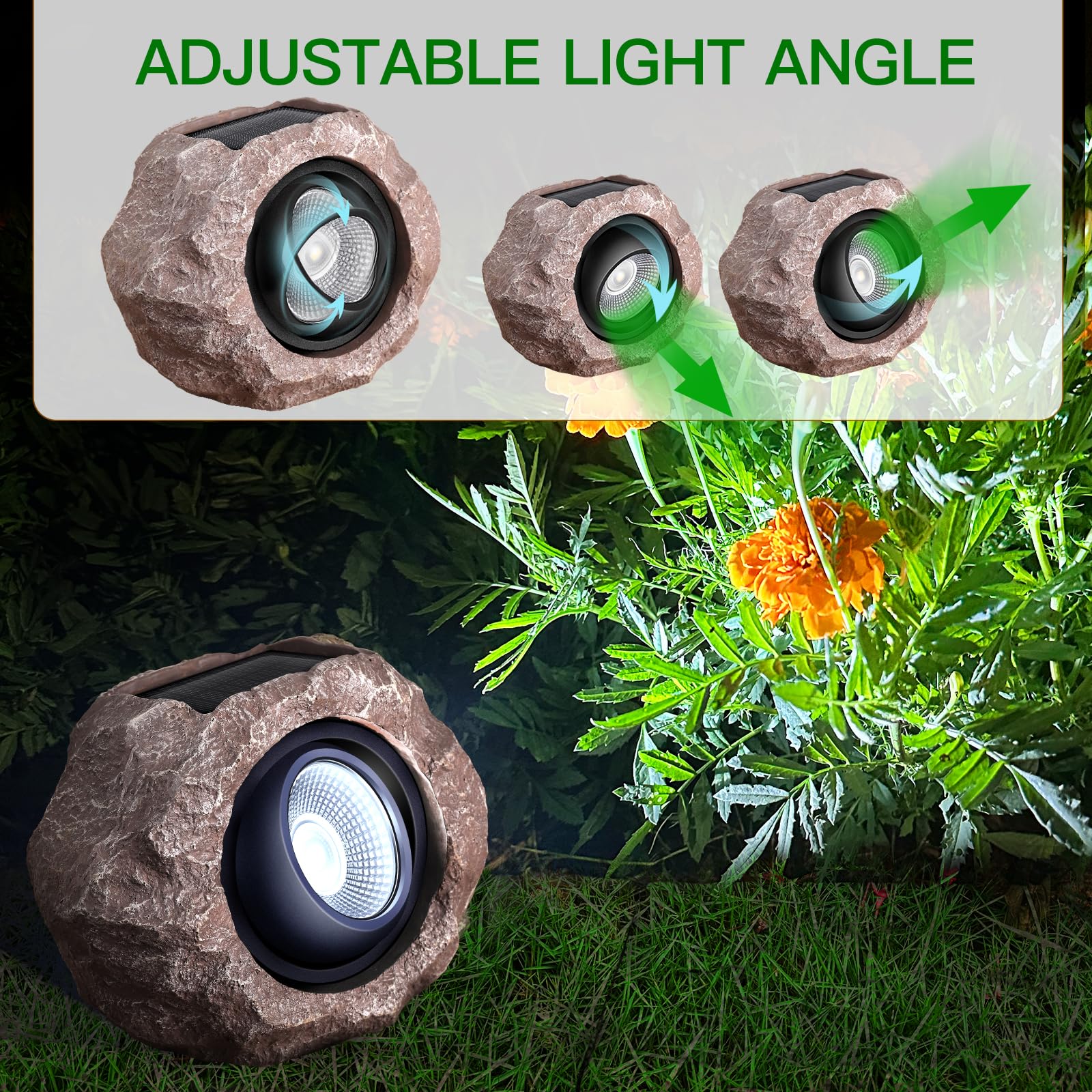 Timeflies Solar Rock Light showing angle-adjustable head for targeted outdoor lighting.