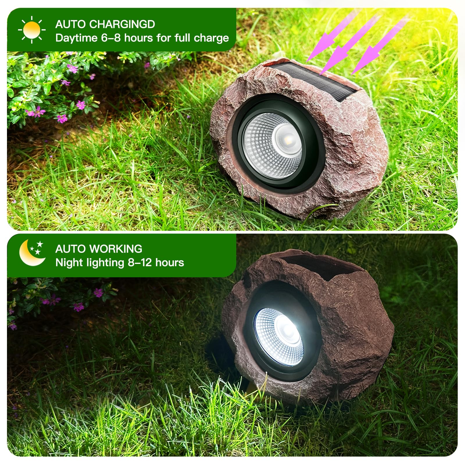 Timeflies Solar Rock Light showcases quick, wiring-free installation in a garden bed.