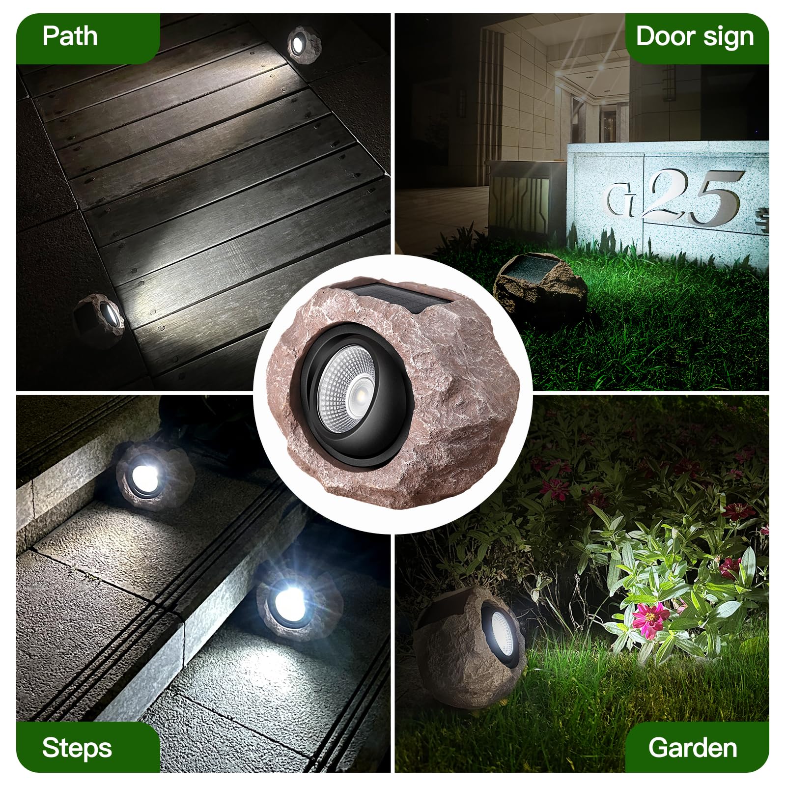 Timeflies Solar Rock Light along a pathway providing decorative pathway illumination.