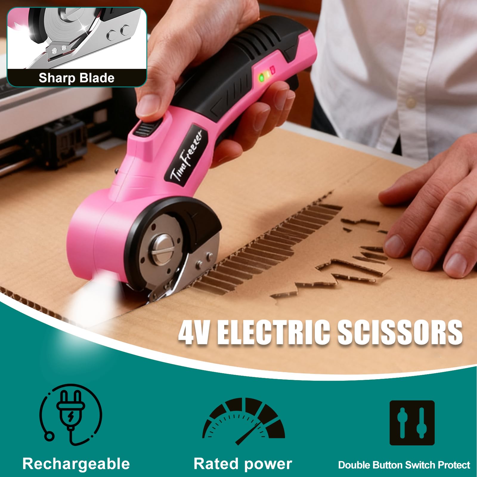 TimeFreezer compact cordless box cutter shown in packaging for easy setup.