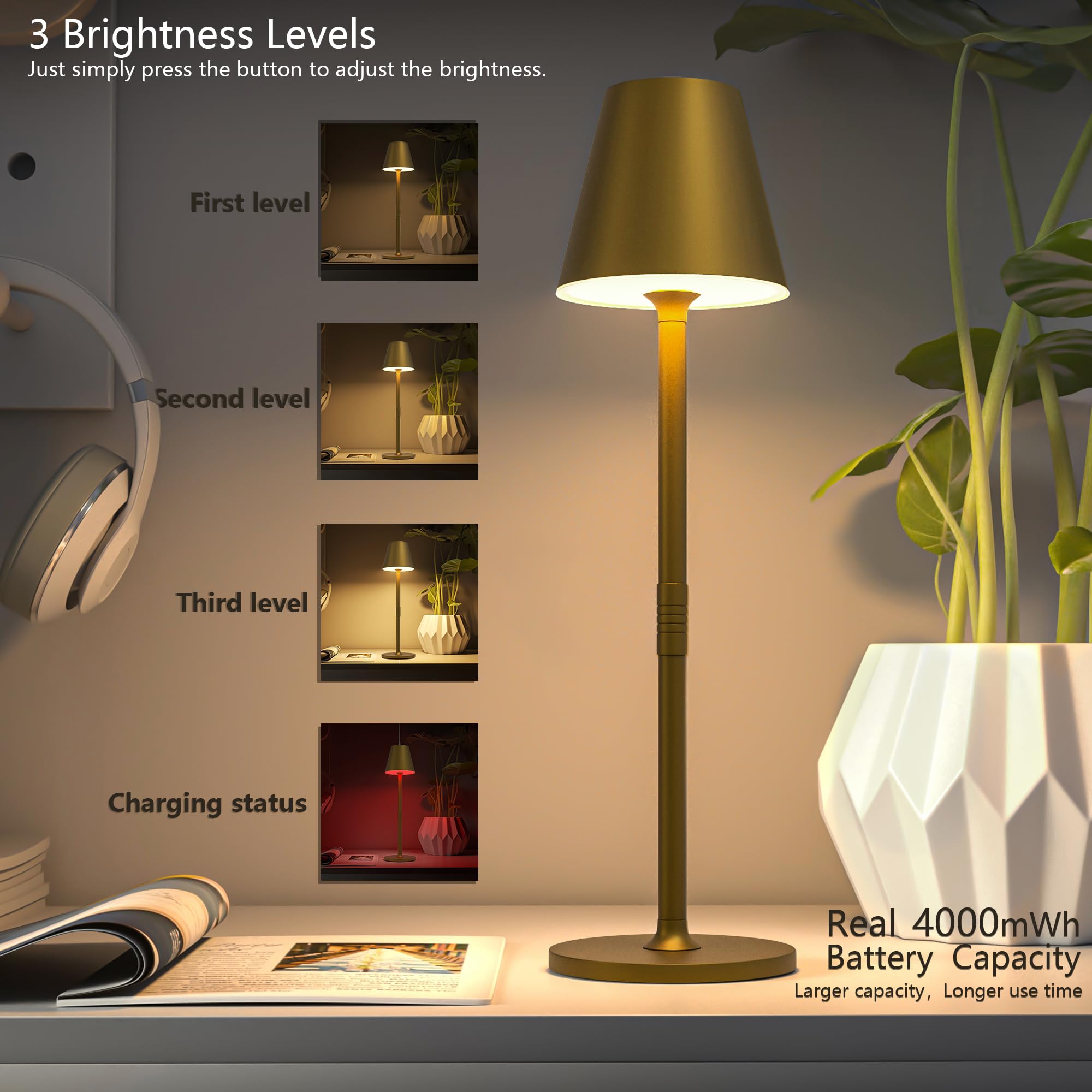 Timjorman bronze lamp on desk demonstrates portable lighting with no cords