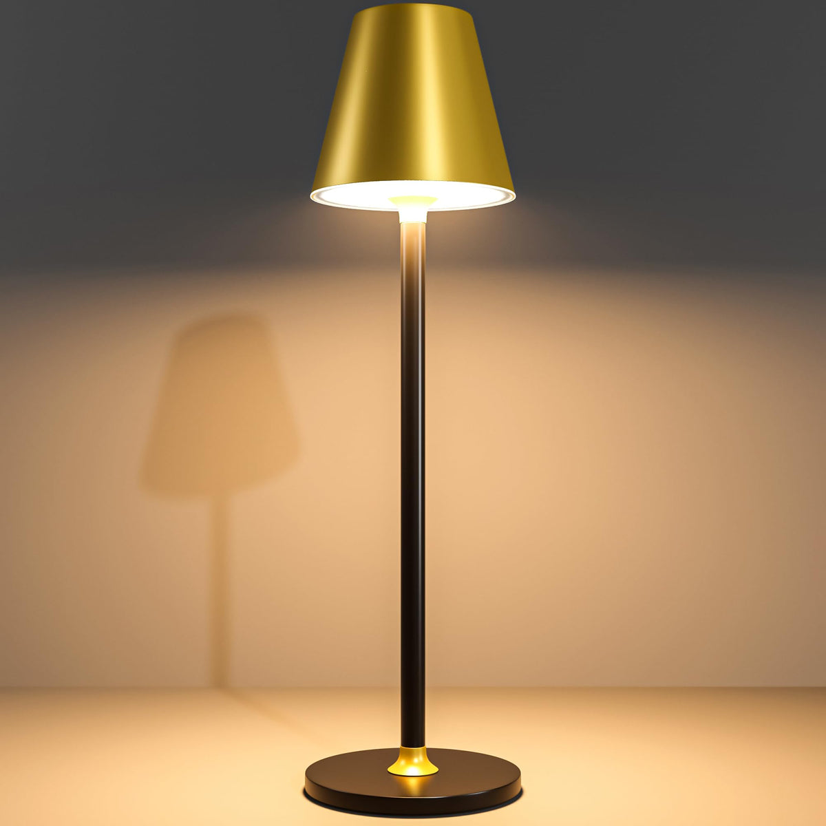 Timjorman cordless table lamp in gold and black, hero view for modern dining spaces.