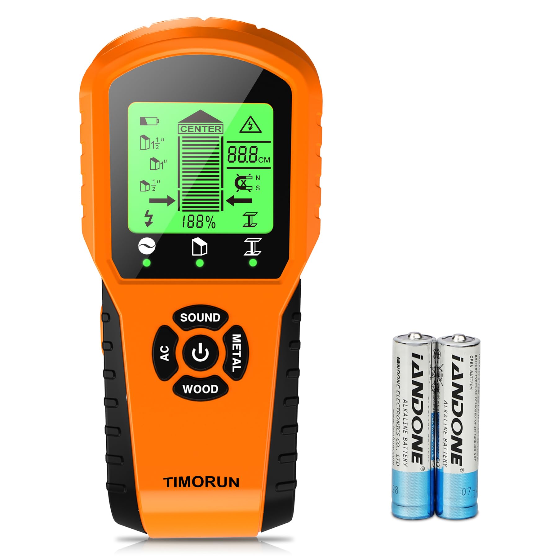 TIMORUN stud finder front view shows a compact tool for quick wall assessments.
