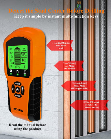 TIMORUN stud finder LCD display clearly marks stud edges and depths.