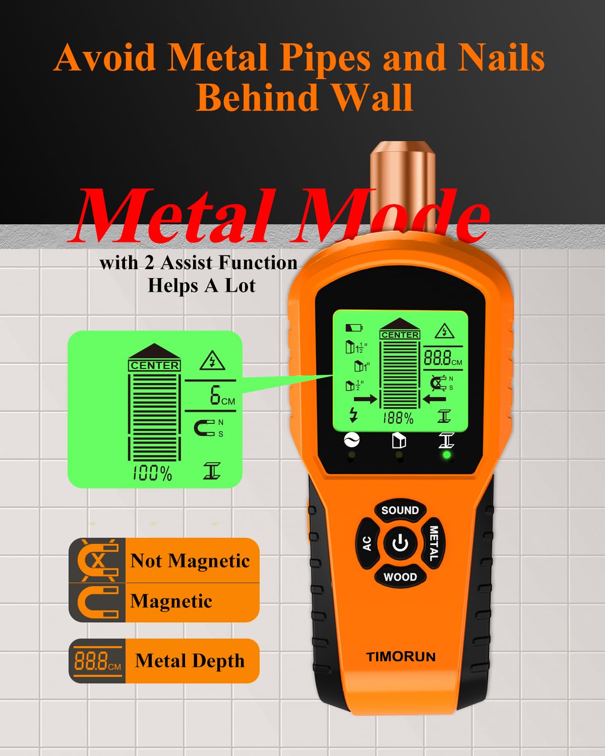 TIMORUN metal-detection mode flags pipes and metals behind drywall.