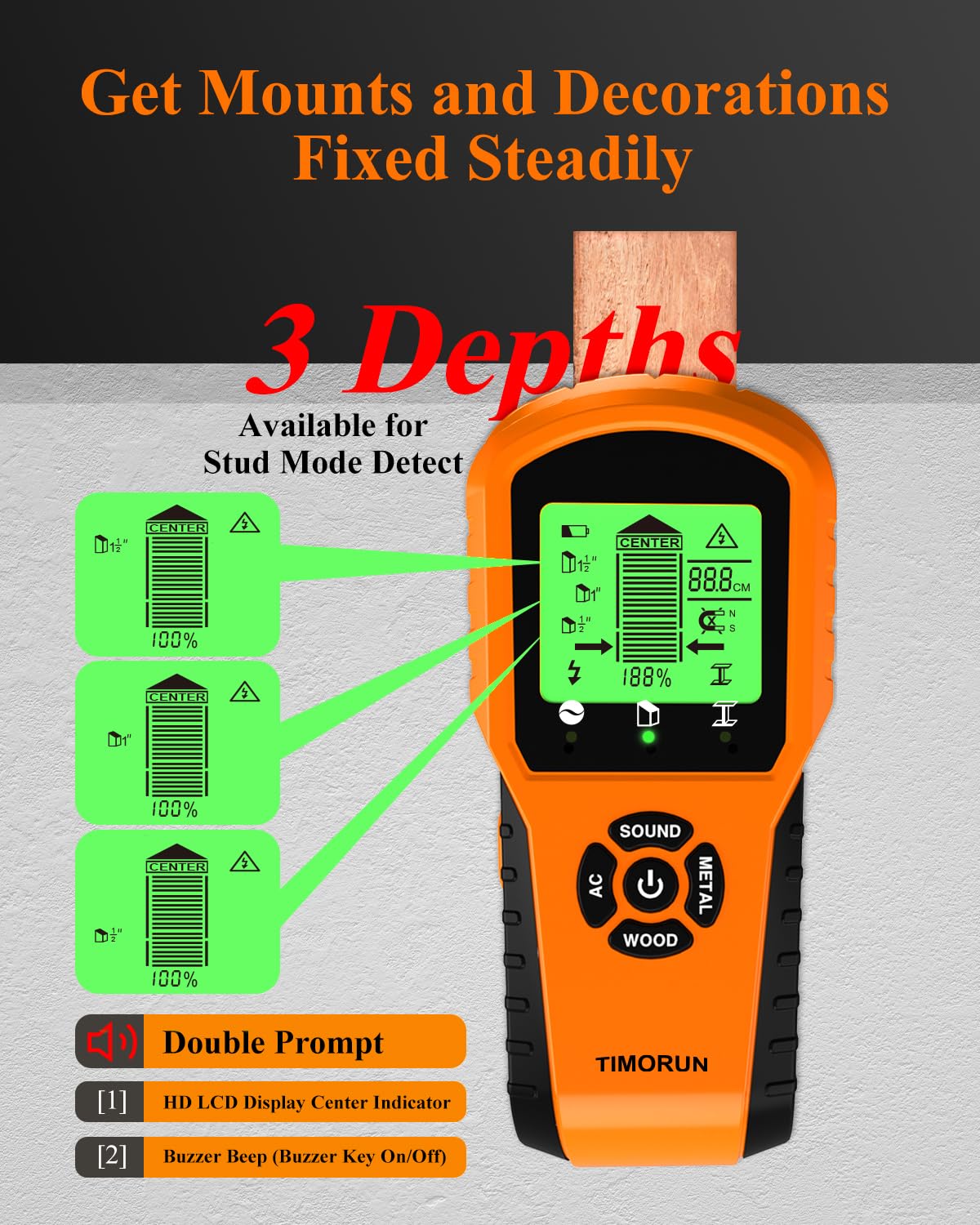 TIMORUN wood-detection mode guides to the center of wooden studs.