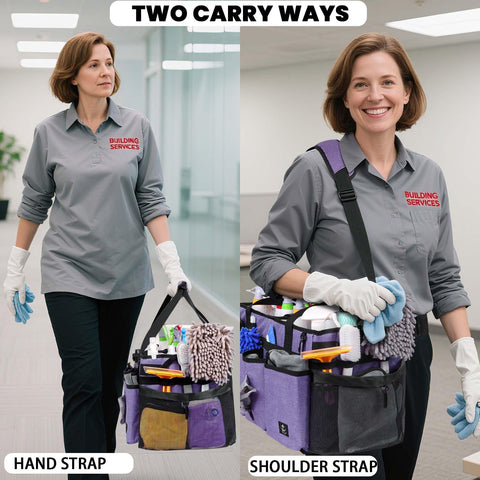 Timoxi cleaning caddy with adjustable shoulder strap enables hands-free tasks.