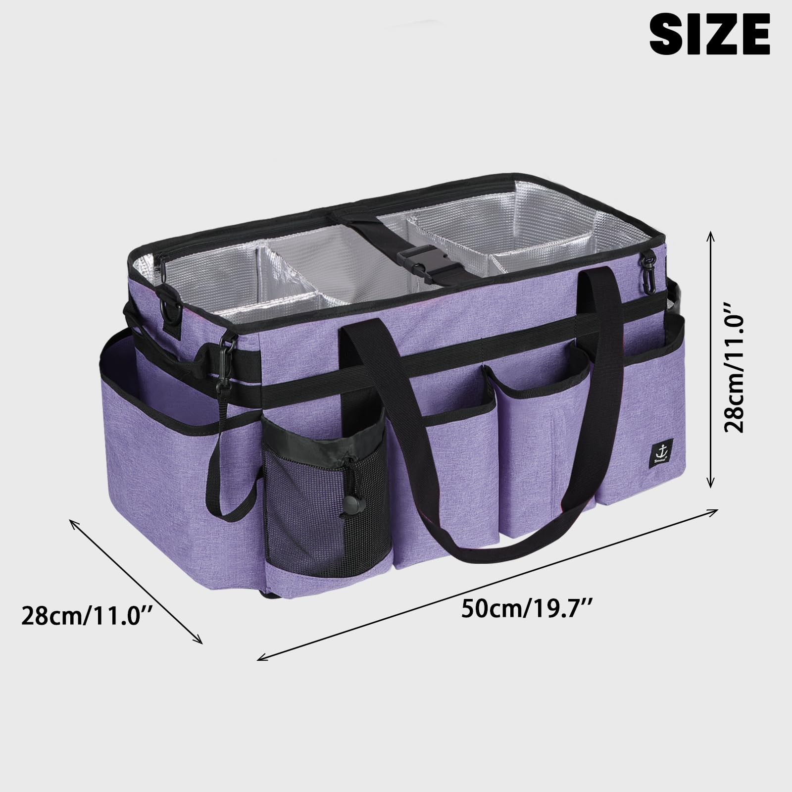 Timoxi cleaning organizer with detachable divider, purple closeup, shows flexible compartments.