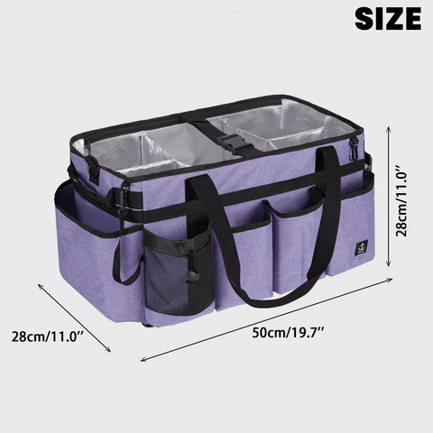 Timoxi cleaning organizer with detachable divider, purple closeup, shows flexible compartments.
