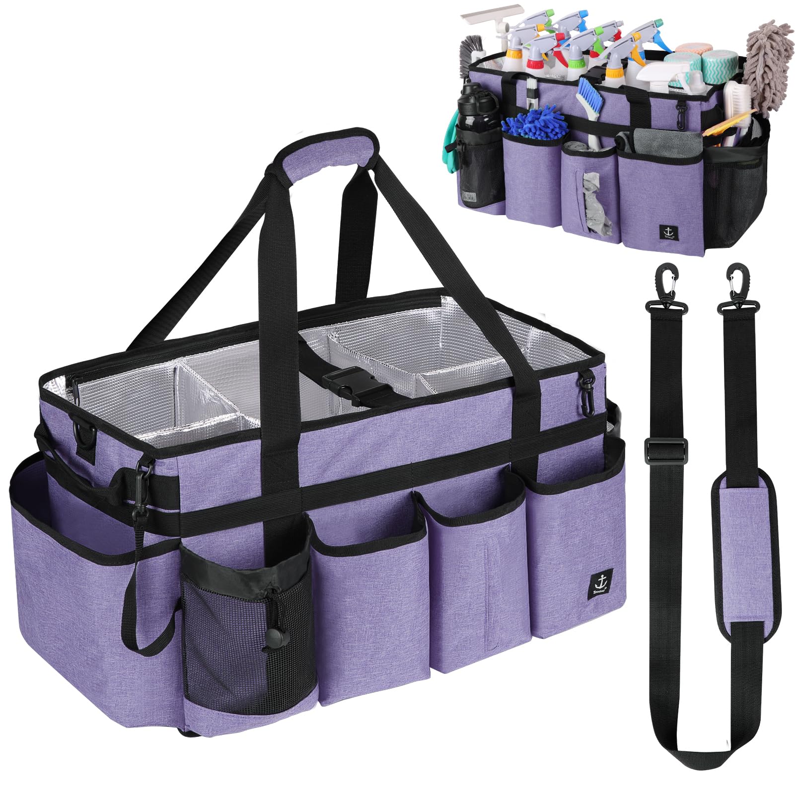 Timoxi extra-large cleaning caddy bag, purple front view, spaciously holds sprays and towels.