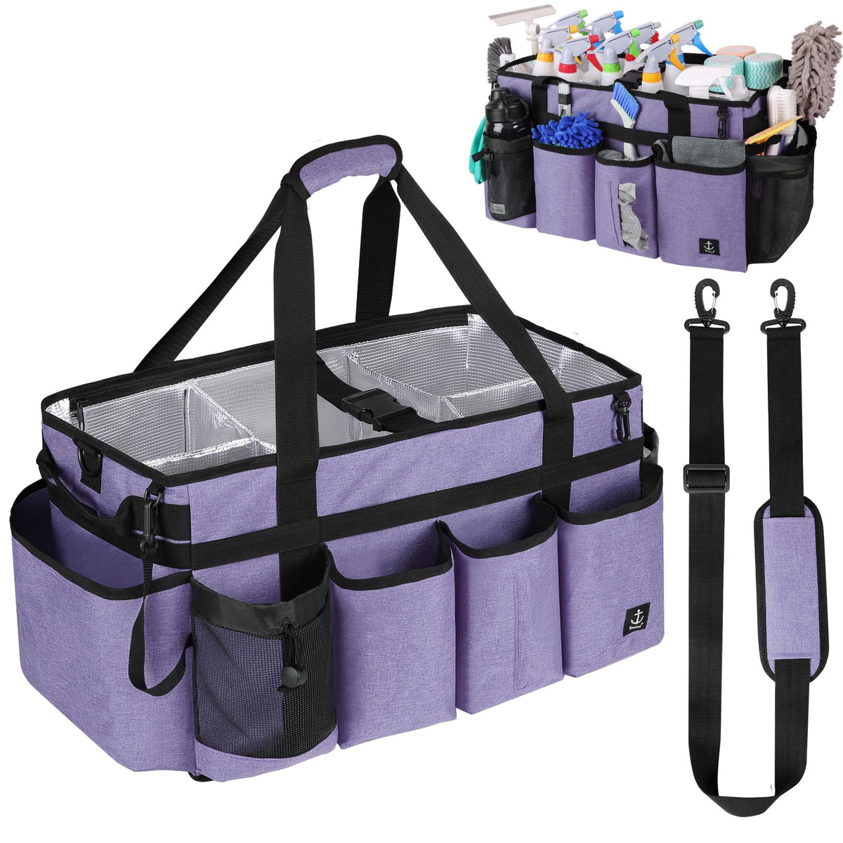 Timoxi extra-large cleaning caddy bag, purple front view, spaciously holds sprays and towels.