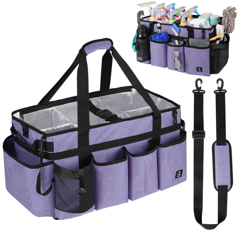 Timoxi extra-large cleaning caddy bag, purple front view, spaciously holds sprays and towels.