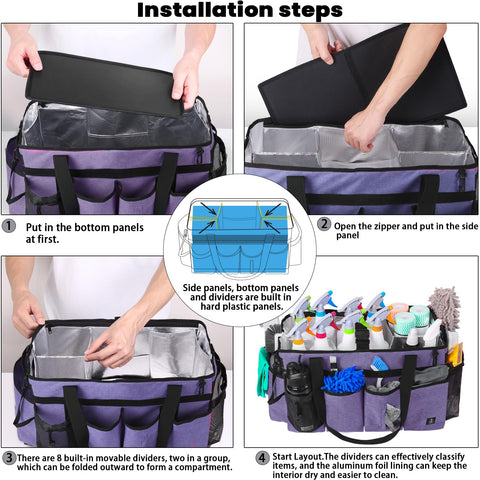 Timoxi purple cleaning caddy helps keep supplies organized for efficient rounds.