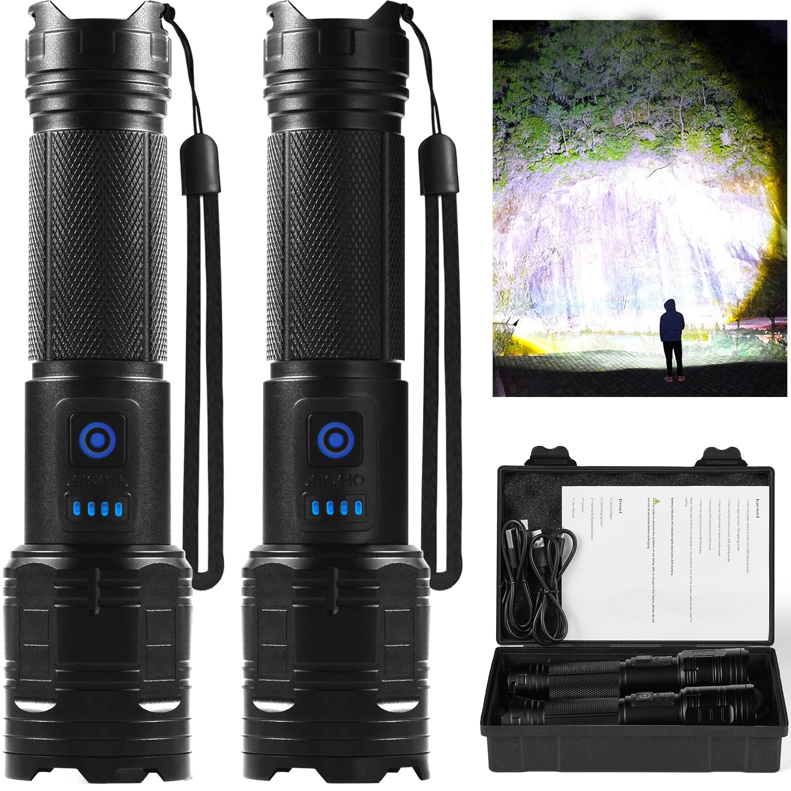 TIMSUMR rechargeable flashlight delivers a 90,000-lumen beam for wide-area illumination.