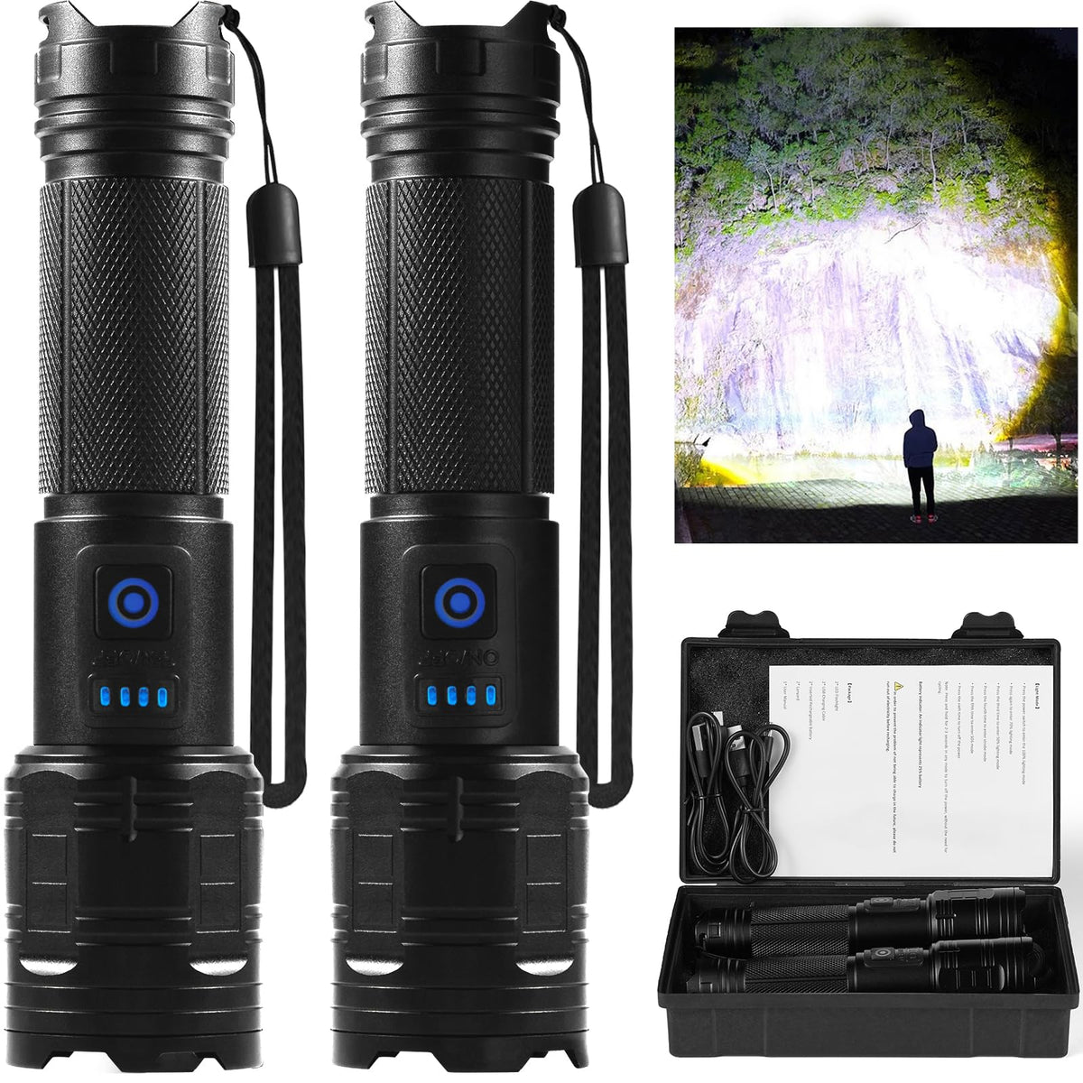 TIMSUMR rechargeable flashlight delivers a 90,000-lumen beam for wide-area illumination.