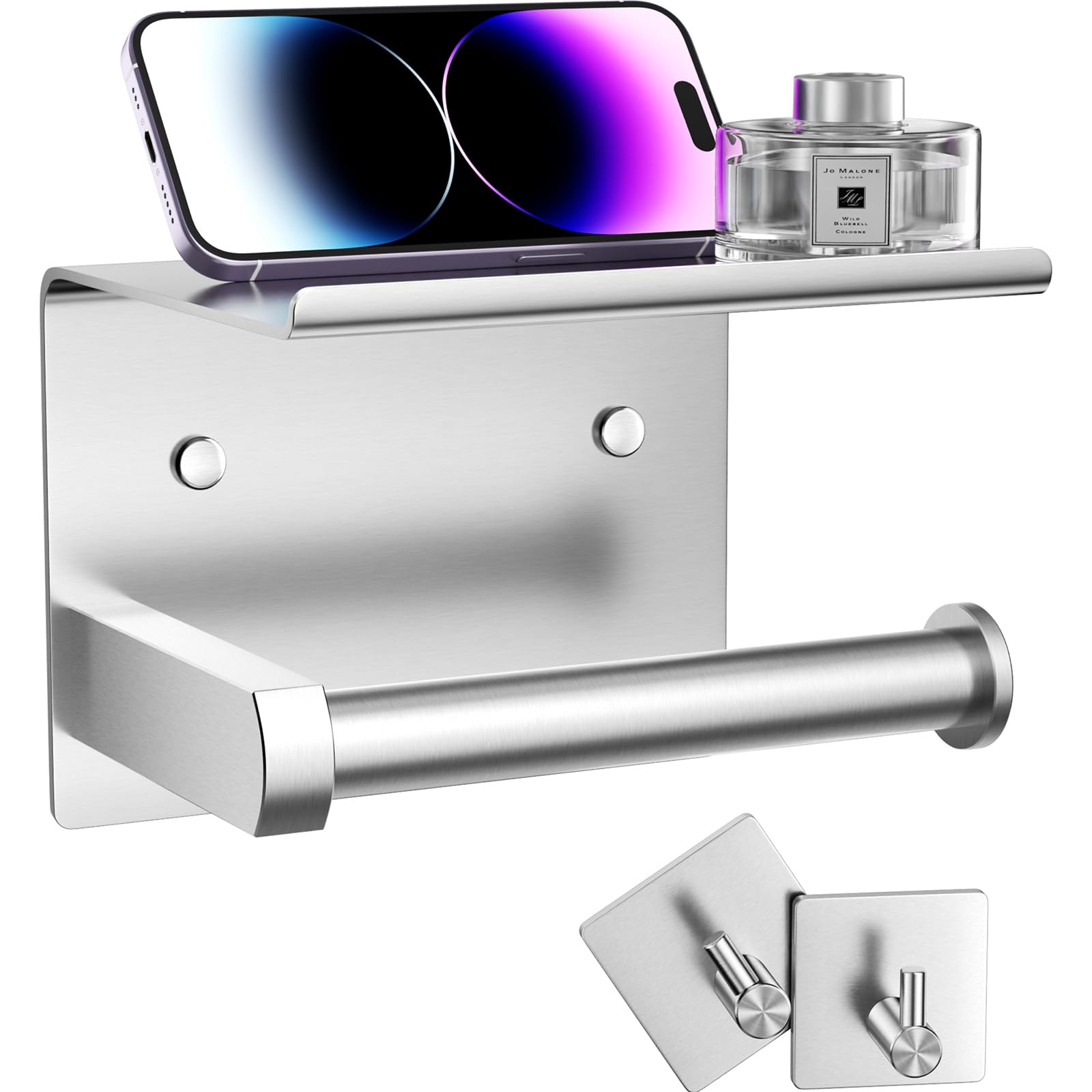 Tindbea toilet paper holder with phone shelf in brushed nickel, keeps essentials within reach